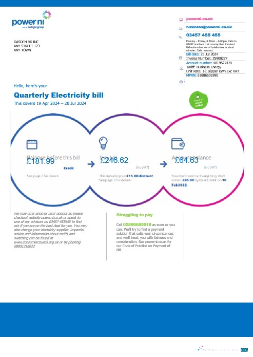 Download United Kingdom Power Ni business utility bill Word and PDF template Photoshop template